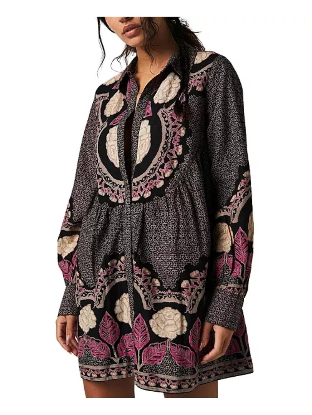 Free People Smell The Roses Mini Shirt Dress Tunic Bohemian Snap Front Size L